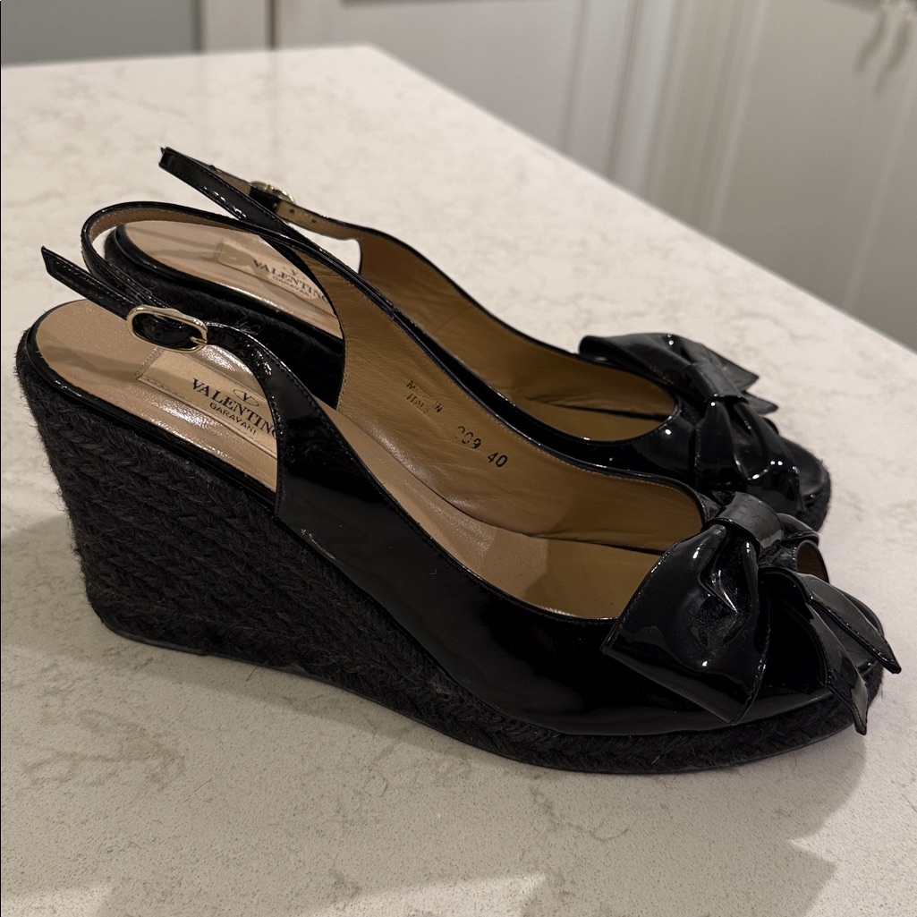 Valentino Open-Toe Blk Patent Leather Slingback Wedge Espadrilles Sz 40 (9)